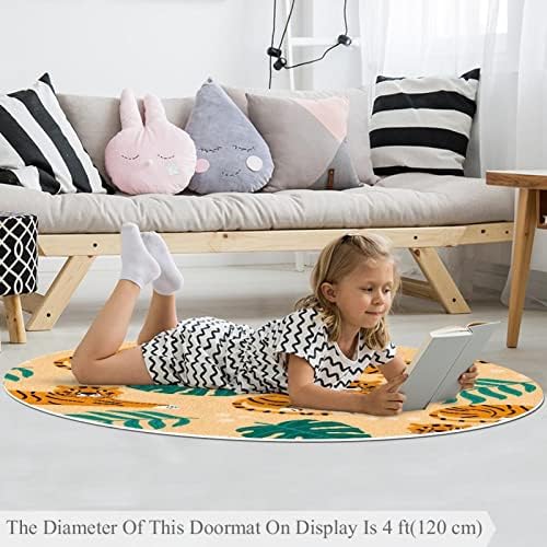 Llnsupply ילדים שטיח 4 רגל שטיחים שטחיים עגולים גדולים לבנות בנים תינוקות - קריקטורה כתום נמר עלים טרופיים ירוקים, עיצוב