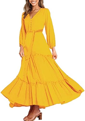 כפתור נשים בהרשמה שמלת נדנדה V-צווארון צבע אחיד שרוול ארוך טלאים שמלה זורמת עם שמלת מקסי סיבתית של חגורה
