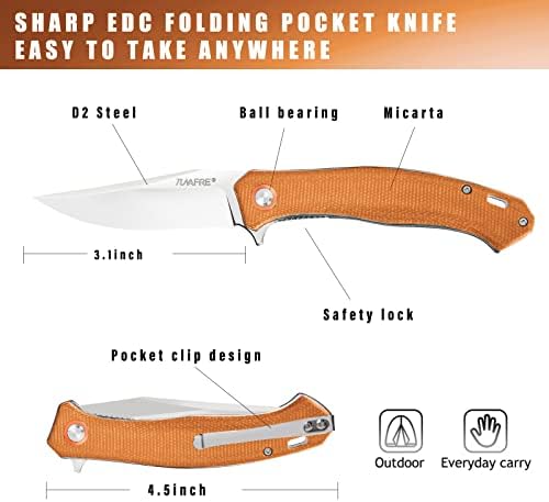 סכין כיס מתקפלת של Tunafire, סכיני כיס כלי עזר לגברים עם ידית Micarta להב D2, סכין טקטי EDC עם קליפ לציד הישרדות בחוץ