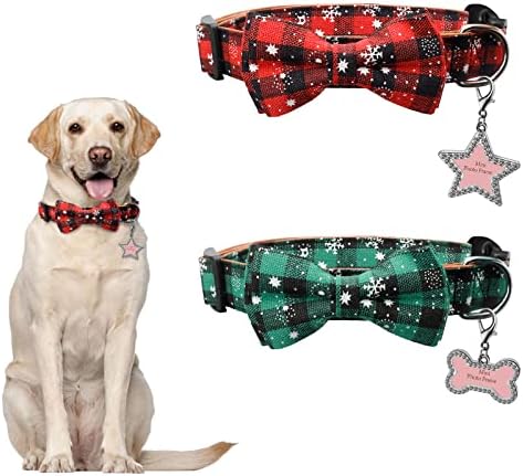 צווארון כלבי חג המולד של Tyware עם קשת, אדום משובץ משובץ מתכוונן קשרי קשת ניתנים לניתוק לכלבים, צווארוני כלבים רכים ועמידים