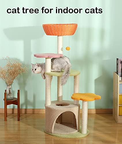 חתול עץ לחתולים מקורה 47.2 סנטימטרים חתול מגדלי חתול דירה קש חתול קן מתולתל קטיפה חתול בית עם פלטפורמת וסריטות