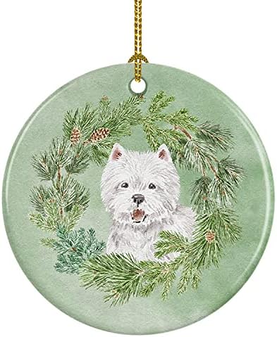 אוצרות קרוליין CK8889CO1 West Highland White Terrier מחייך קישוט קרמיקה לחג המולד, קישוטים לעץ חג המולד, קישוט תלוי לחג המולד,