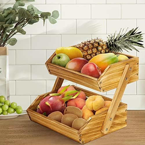 G.A סל פירות של G.A, סל פירות עץ 2 שכבות למטבח, מחזיק אחסון מעמד פירות, קערת פירות לפירות, ירקות וחטיף מארגן משטח מטבח
