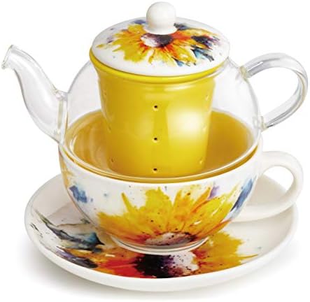 Demdaco Dean Crouser Sunflower צבעי מים צהוב צהוב 14 אונקיה קרמיקה סיר תה סיר תה