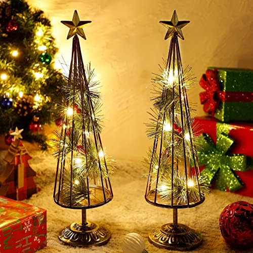 קישוטי שולחן חג המולד של Glintoper, 2 חבילות עץ חג המולד מואר עם כוכב מוזהב, סוללה המופעלת עם נורות LED, מדליקה עץ חג