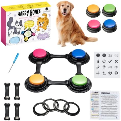Happixie 4 PCS לחצני כלבים לתקשורת עם טבעות ועצמות מחברים - כפתורים הניתנים להקלטה לכלבים ללחוץ כדי לתקשר בארבעה