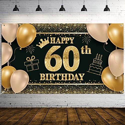 60 יום הולדת קישוטי לנשים גברים, שחור זהב יום הולדת שמח באנר מרפסת סימנים גדול תפאורות מסיבת דקור אספקת צילום רקע