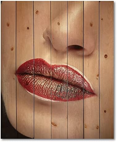 עיצוב שפתיים מקרוב עם איפור מקצועי ושפתון עיצוב קיר עץ מודרני ועכשווי, אמנות קיר מעץ אדום, אנשים גדולים לוחות קיר