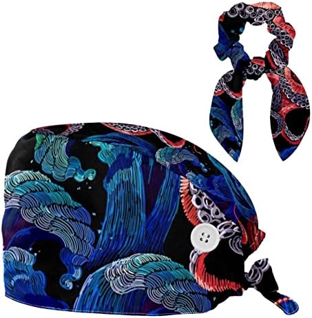 כובע עבודה מתכוונן עם כפתור, רצועת זיעה של כובע עבודה, דגים מופשטים וכובעי בופנט תמנון עם שיער קשת משובצים