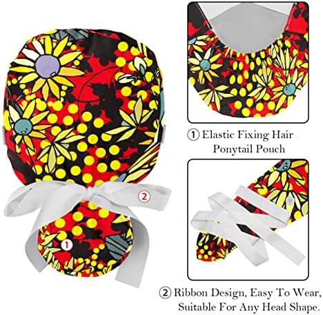 פרחי פרחי כובע בופנט עם קשרי סרט וכפתורים 2 חבילות קרצוף מכסים נשים שיער ארוך גודל אחד כיסוי ראש עבודה