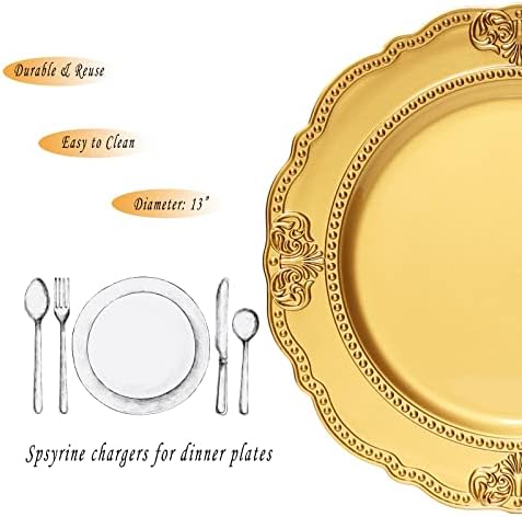 צלחות מטען זהב של Spsyrine, סט של 6 מטענים מסולסלים לצלחות ארוחת ערב, 13 מטענים פלסטיים מובלטים לחתונה, אירועים,