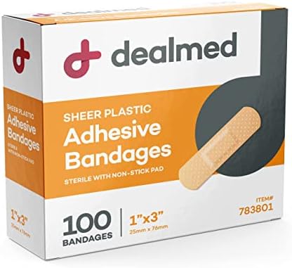DEALMED SHEER פלסטיק תחבושות דבק גמישות-100 תחבושות ספירה עם כרית לא מקל, ללא לטקס, טיפול פצעים בערכת עזרה ראשונה, 1