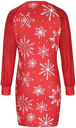 נשים נצנצים ארוך שרוול חולצה שמלת חג המולד פתית שלג הדפסת ארוך סווטשירט מזדמן צווארון עגול סוודר קצר שמלה