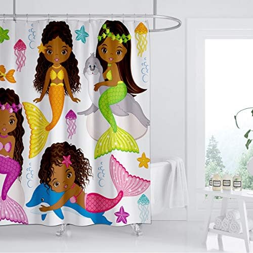 ZXMBF וילון מקלחת בת ים בנות שחורות בנות חמוד קריקטורה בת ים דולפיין SEELOWE צבעוני צבעוני אמבטיה דג סטארפילש עיצוב בד פוליאסטר