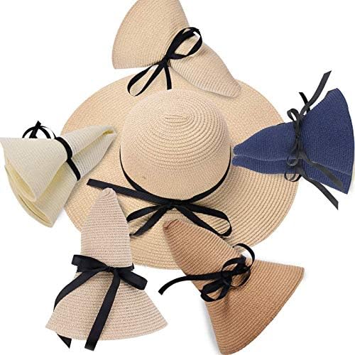 נשים תקליטונים קיץ שמש חוף קש כובע, מתקפל רחב שולי כובעי עם קשת50