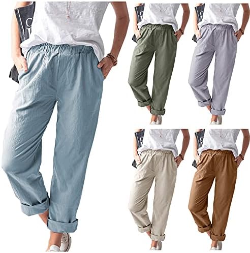 מכנסי רגל רחבים למותניים גבוהות לנשים עסקים בקיץ מכנסי שמלת יבול מזדמנים מכנסיים כיסים פשתן כותנה משיכת קפריס