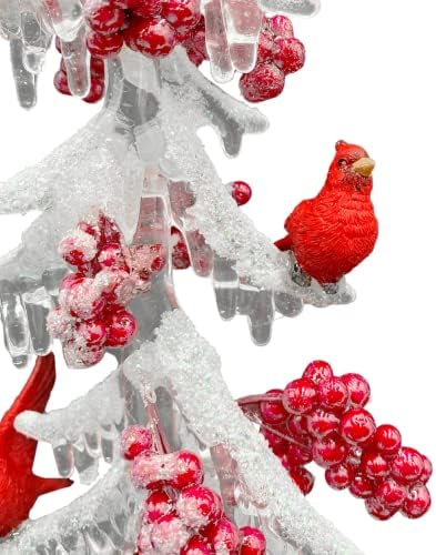 קישוט עץ קרח חג המולד עם קרדינלים, עיצוב בית לחג הדלק עם נצנצים וציפורים לבנות, 13 אינץ '