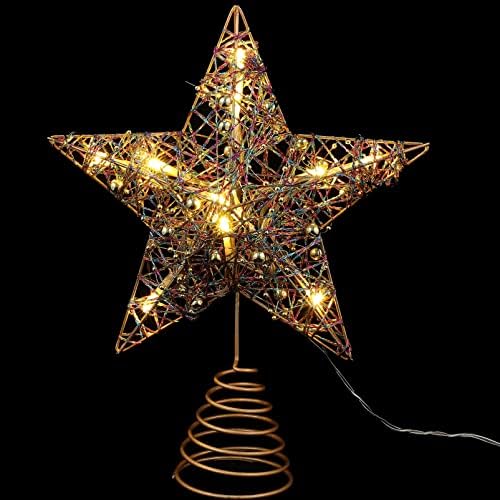 AMOSFUN עץ חג המולד טופר קישוטי כוכב, טופר עץ חג המולד מואר באורות LED, טופר עץ חג המולד של כוכב זהב לקישוטי