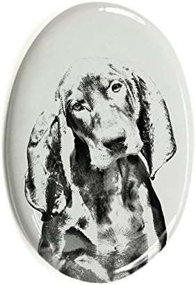 שחור ושזוף, מצבה אובלית מאריחי קרמיקה עם תמונה של כלב