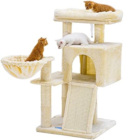 היי-אח חתול עץ עם סיסל מגרד הודעות, חתול מגדל עם מגרד לוח, רב ברמת חתול דירה עם סל, בז ' מג ' 014 מ