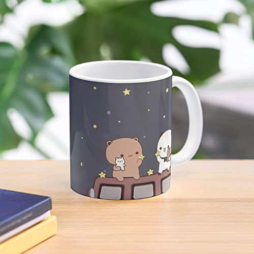דוב חמוד בובו ודודו צופה בירח יחד מגמות ספל קפה טרנדיות עיצוב הדפסה דו צדדי כפול כוס תה קרמיקה לבנה לחובב
