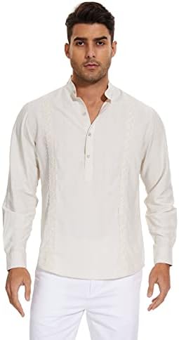 חולצת פשתן הכותנה של Kellorena לגברים חולצת הנלי שרוול ארוך מחנה קובני גוויאברה חולצת חוף היפי