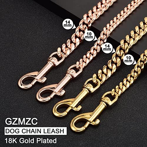 שרשרת כלבים GZMZC רצועה זהב 14 ממ שרשראות רצועות כלבים כבדות עם ידית מרופדת מעור לכלבים גדולים שרשרת צווארון