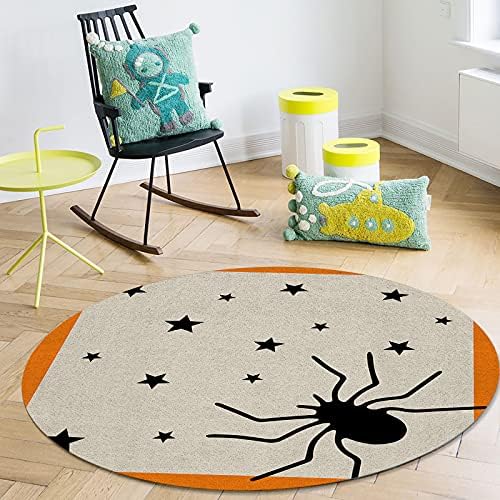 שטיח שטח עגול גדול לחדר שינה בסלון, שטיחים 5ft ללא החלקה לחדר ילדים, חורפים שחורים כוכבים כתום מחצלת רצפת