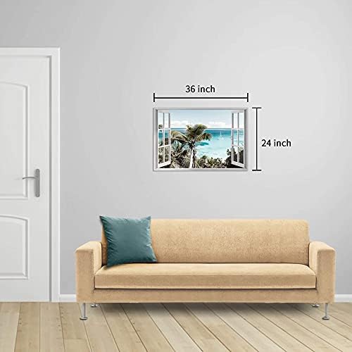 החוף דקל עץ עבור קיר: חוף חלון קיר אמנות אוקיינוס טרופי יצירות אמנות חוף ים תמונה נוף ימי ציור עבור חדר דקור
