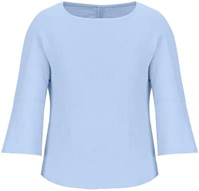 אמיקאדום חולצות בראנץ 'כחול בהיר לילדה נוער שרוול ארוך שרוול קרב סטרץ' פשתן נינוח בכושר מצולע צמרות בסיסיות נשים
