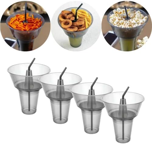 Eynel Stack N 'Sip Snack כוסות, 4 משקה פלסטיק לשימוש חוזר וכוסות חטיפים עם אצטדיון קש אצטדיון עם קערה עליונה לצ'יפס