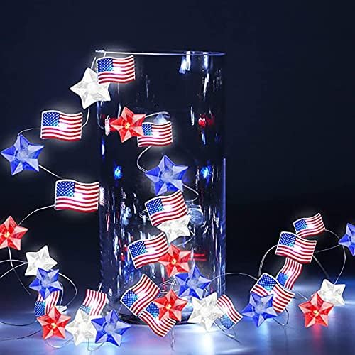 אורות מיתרים פטריוטיים 6.5 רגל 20 נוריות לדגל אמריקאי כוכבי עצמאות יום 4 ביולי אורות סוללה מפעילה קישוט פטריוטי