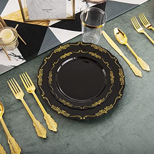 LIYH 180 יחידות צלחות פלסטיק שחורות, כלי כסף מפלסטיק זהב, צלחות חד פעמיות שחורות וזהב, צלחות ארוחת ערב מפלסטיק,