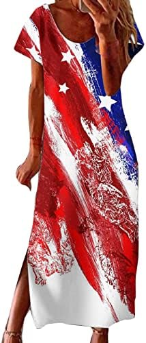4 ביולי שמלה לנשים מקרית קיץ בוהו מקסי שמלת ארה ב דגל קצר שרוול סקופ צוואר כוכבים פסים ארוך שמלה קיצית