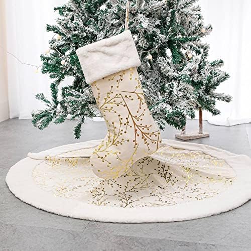 סט חצאית עץ חג המולד של Bhxingmu-דפוס ענף פרחים בגודל 48 אינץ 'חצאית עץ חג המולד קטיפה וגרב חג המולד בגודל 22 אינץ