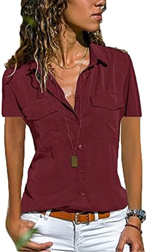 Andongnywell בצבע אחיד של נשים דש שרוול ארוך חולצות חולצות רגילות בתוספת כיסים קדמיים בגודל