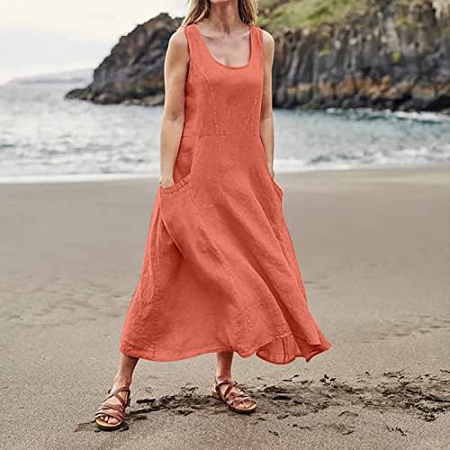 שמלות קיץ של Vezad לנשים 2023 שנת כותנה בצבע אחיד מזדמן שמלת כיס כיס ללא שרוולים צוואר עגול חוף זורם זורם