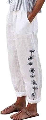 מכנסי הליכה של קפרי נשים עם כיסים מדפיסים נשים ארוכות גבוהות כותנה מכנסיים מזדמנים ישר מכנסיים רופפים מכנסיים