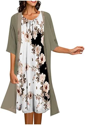 שמלות לנשים 2023 צוואר שיפון רחבי צוואר פרחים מודפסים מידי שמלה 2 קוקטייל קוקטייל קרדיגן סט שמלת