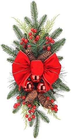 XYFW 24 אינץ 'מלאכותי של זר דמעה של חג המולד, חוץ חג המולד חיצוני, זר חג מולד עם פירות יער אדומים עם עיצוב קונוסים