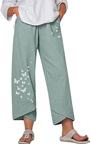 מכנסי יוגה התלקחות קטנה לנשים לעבודה ופשתן אופנה רופפת הדפס מזדמן פרפר מכנסי כותנה רחבים רגל