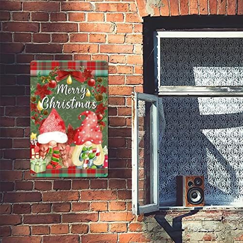 קופסת מתנה של גנום שלט מתכת לחג המולד זר זר אדום ירוק באפלו משובץ שלט פח רטרו קישוטי חג המולד שלט חידוש מצחיק למסדרון מעונות