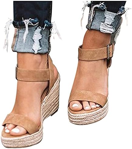 סנדלי טריז מקסימים לנשים לנשים קיץ לבוש, אבזם אבזם פתוח רצועת קרסול Espadrilles Wedge Heel Sandals Sandals