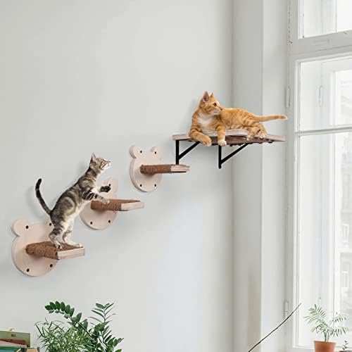 חתול קיר מדף חתול מוט, 4 יחידות חתול קיר צעדים סט לשינה, משחק, טיפוס, ורביצה, צף חתול מדף עם שריטות יוטה כרית, קיר רכוב חתול