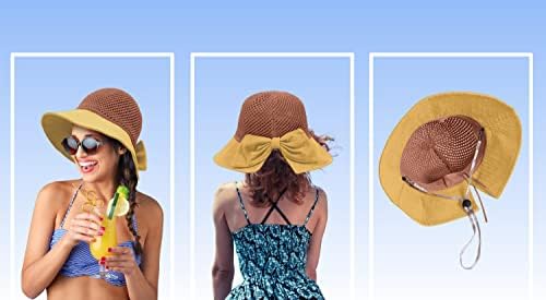 כובע שמש קש לנשים, שופט רחב UPF 50+ כובע הגנה על UV עם קשת, כובע חוף תקליטונים מתקפלים עם רצועת סנטר