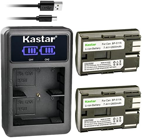 KASTAR BP-511A LED2 מטען סוללות USB תואם ל- CANON BP-508 BP-511 BP-511A BP-512 BP-512A BP-514 BP-522 BP-535 סוללה, CANON CB-5L