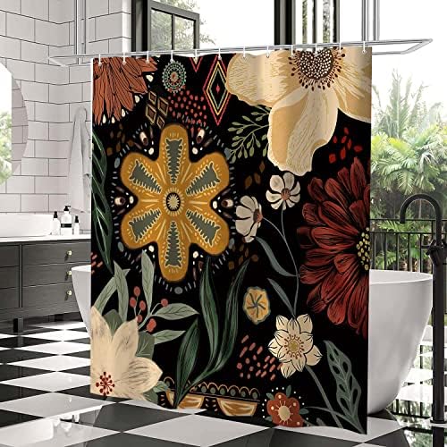 וילון מקלחת פרחוני בוהו וינטג ', סגנון בוהמי מופשט אמצע המאה וילונות אמבטיה, פרחים בוטניים עיצוב בית בד אמבטיה אטום למים