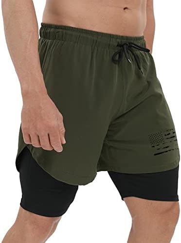 H hyfol מכנסיים קצרים לגברים דגל אמריקאי אימון פטריוטי חדר כושר מהיר יבש אתלטי 2 ב -1 מכנסיים עם כיס
