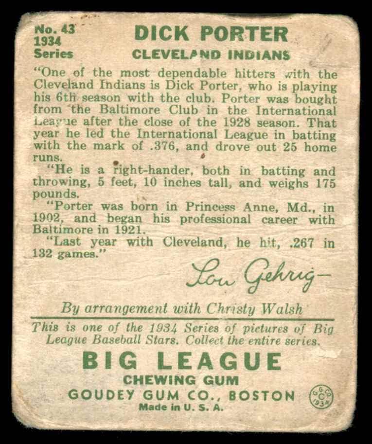 1934 Goudey 43 דיק פורטר קליבלנד אינדיאנים אינדיאנים עניים