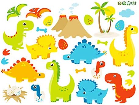 מדבקות קיר דינוזאור מצוירות חמודות, ציור קיר אמנות קיר צבעוני לקלף ולהדביק לחדר שינה לילדים, משתלה, כיתה ועוד,